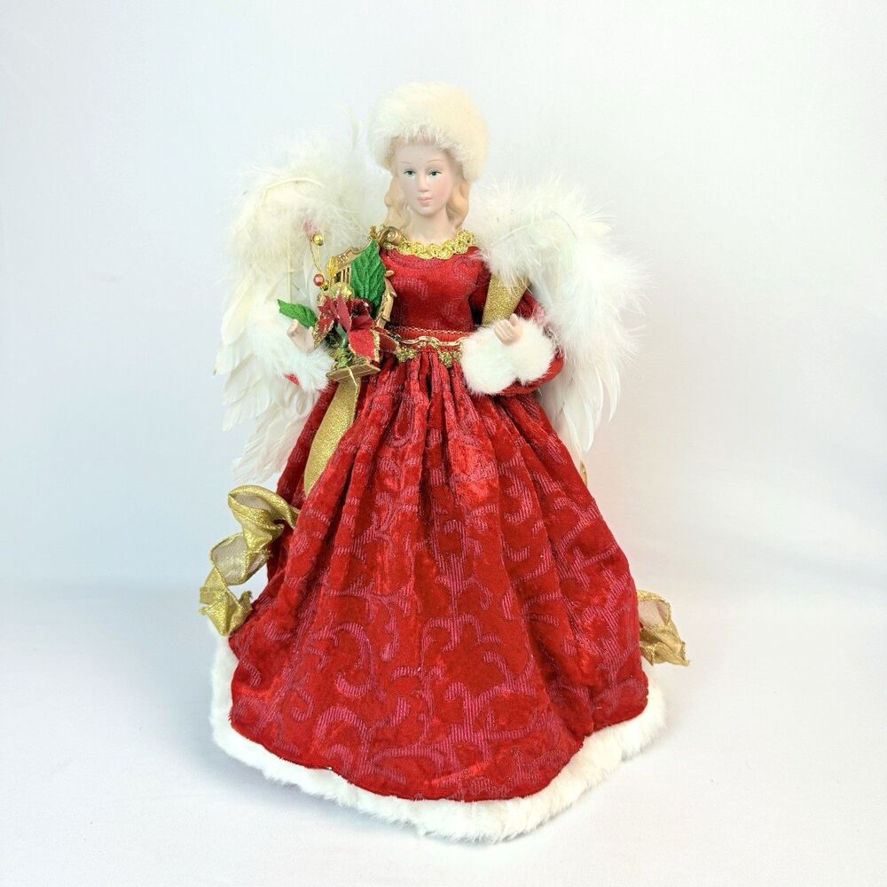Vtg Christmas Angel Tree Topper Red Velvet Gown Porcelain Head Feather Wings 14"
